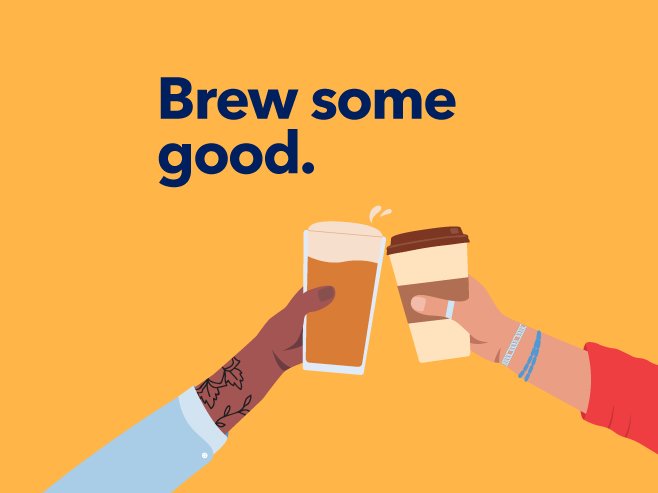 Brew some good. Hands toasting with a glass of beer and a coffee cup.